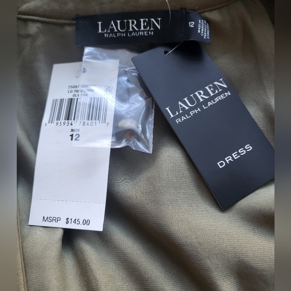 💚HP💚NWT Lauren Ralph Lauren Satin Belted Mini Dress Tiered Ruffle Hem Olive - Picture 10 of 11